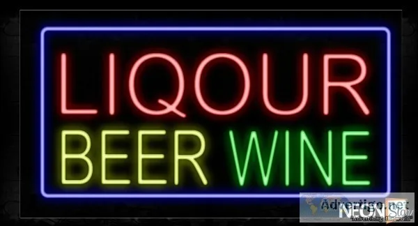 Liquor Beer Wine With Blue Border Neon Sign