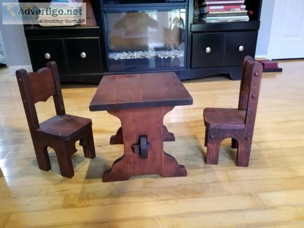 Wood table and two chairs for dolls