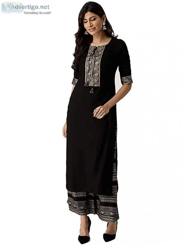 Amayra Women s Rayon Kurti with Palazzos(Black)