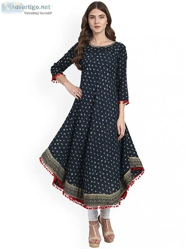 Amayra Women s Cotton Anarkali Kurti (Blue)