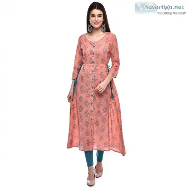 GLAM ROOTS Women s A-Line Cotton Kurta (PEACH)