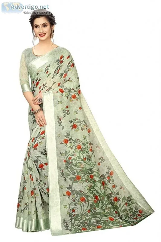 PERFECTBLUE Women s Digital Linen Saree with Unstitched Blouse P
