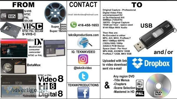 We convert VHS VHS-C Hi8 Digital8 miniDV 8mm16mm films to digita