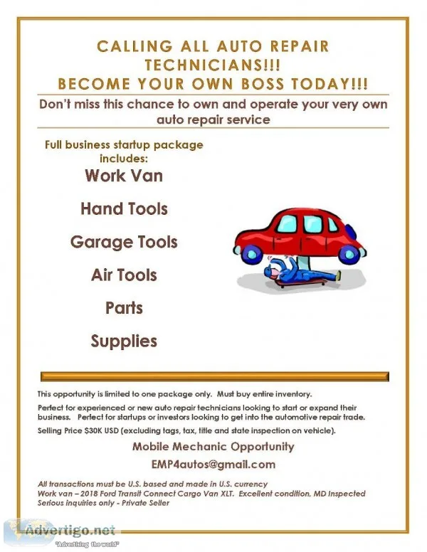 Mobile Auto Mechanic Business for Sale