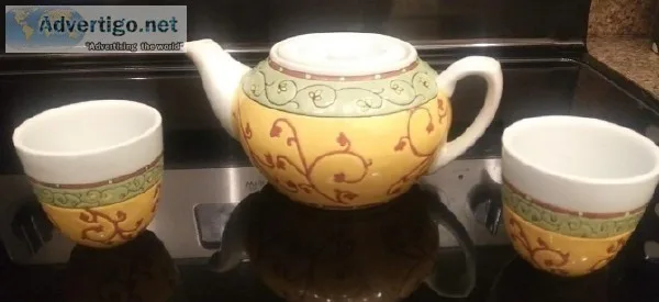 Pier 1 Yellow Sage Teapot wLid and 2 Cups