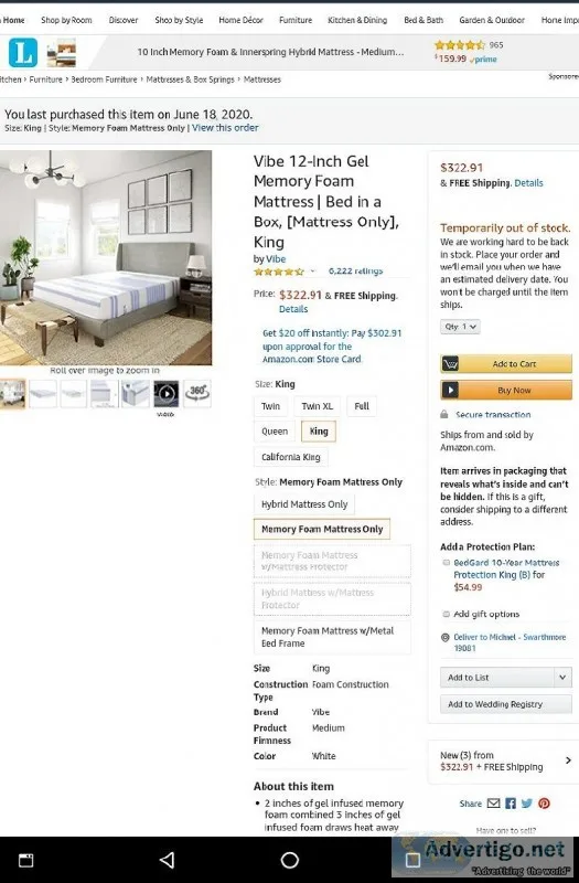 Brand New 12&quot King Size Vibe Memory Foam Mattress