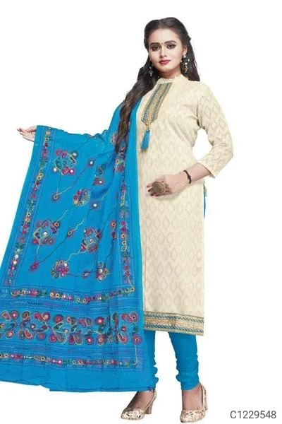 Ethnic Cotton Chikan Work Dress Materials With Aari Work Dupatta