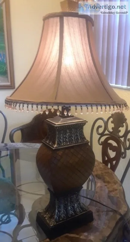 Brown Lattice Design Table Lamp wSilk Beaded Shade