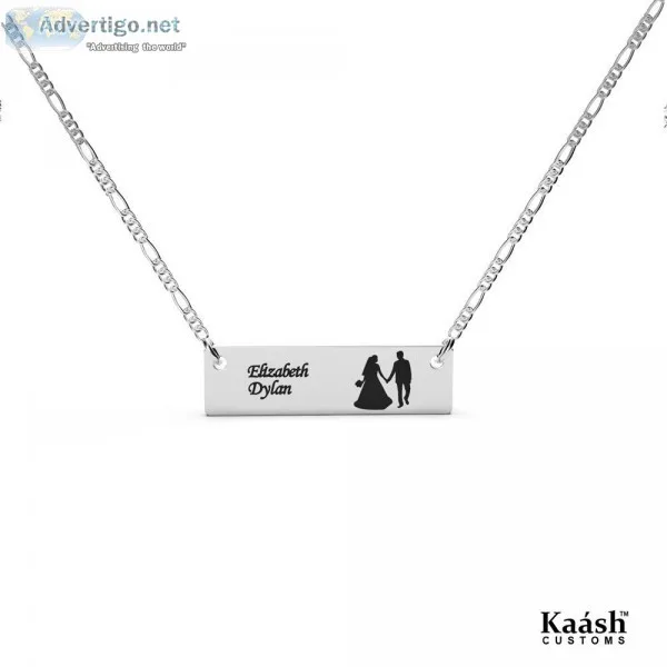 Wedding Bar Pendant With Names White Gold Plated