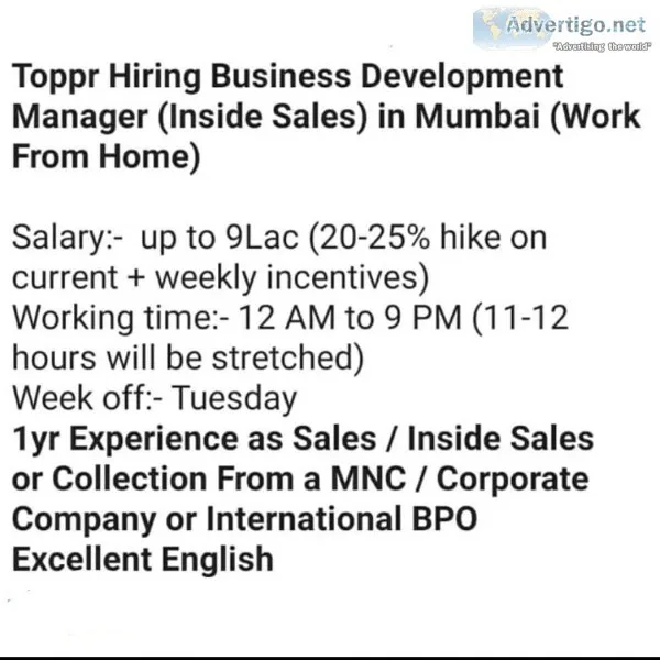 Toppr hiring Business Development Manager( Inside sales) In Mumb