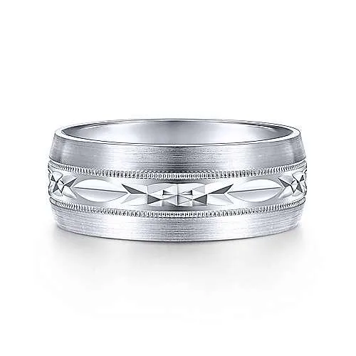 14K White Gold 8mm - Engraved Center Pattern Milgrain Channel Me