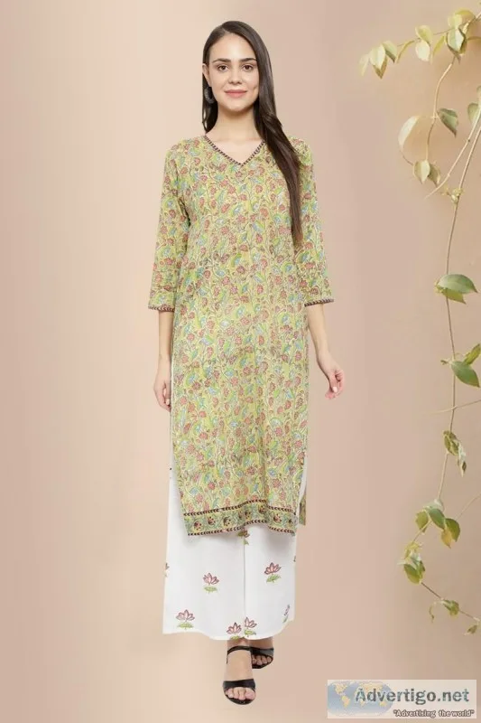 Block print Cotton Straight Kurta for Women - Rose Shree