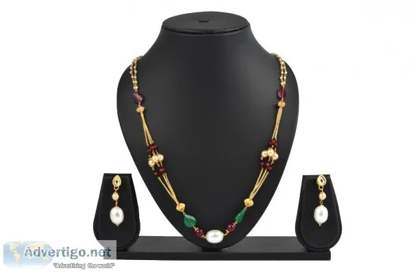 Multi-Strand Neck Piece With Red Green Stones And Pearls