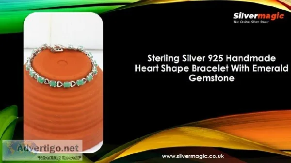 Sterling Silver 925 Handmade Heart Shape Bracelet With Emerald G
