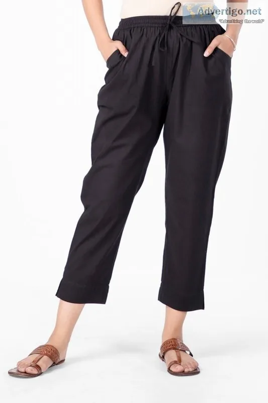 Black Cotton Tapered Pants Bottom Wear - Rose Shree