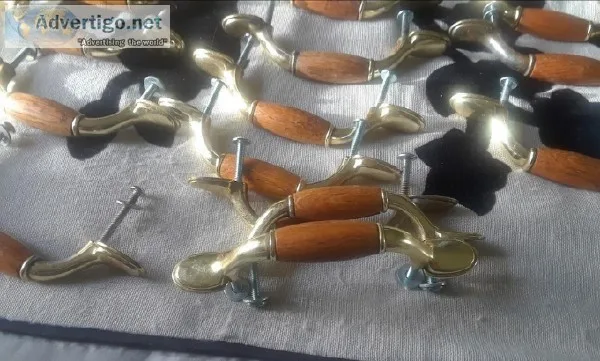 Polished Brass and Oak Insert Spoon Foot Pull