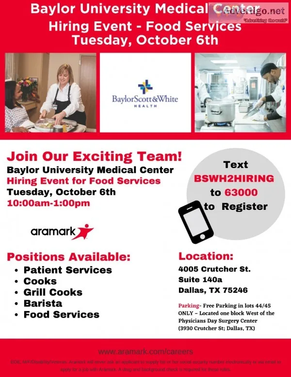 Hiring Event 106 for Food Services - Baylor Univer Med Ctr (Aram