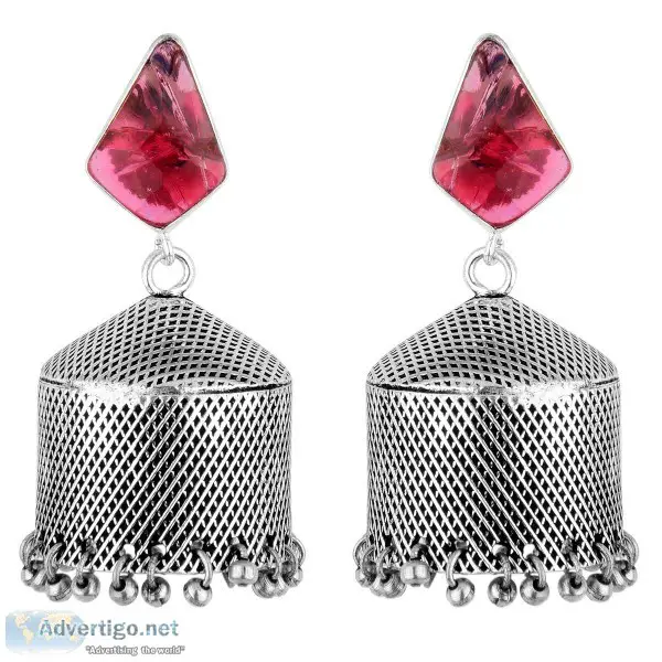 Oxidised Silver Pink Crystal Jhumka For Women