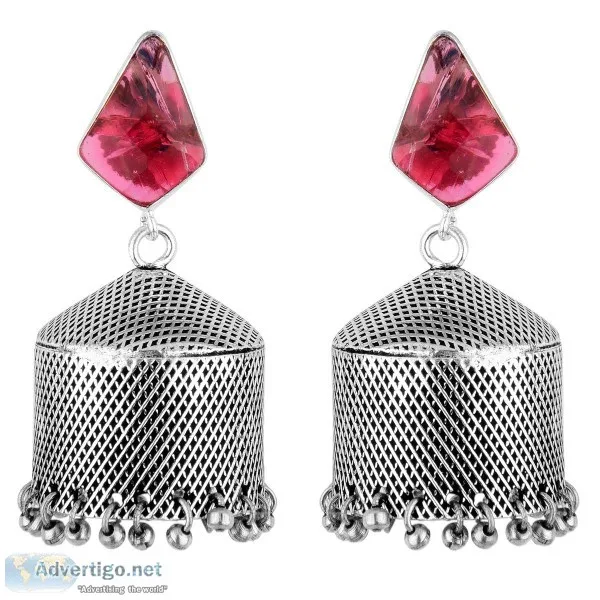 Oxidised Silver Pink Crystal Jhumka For Women