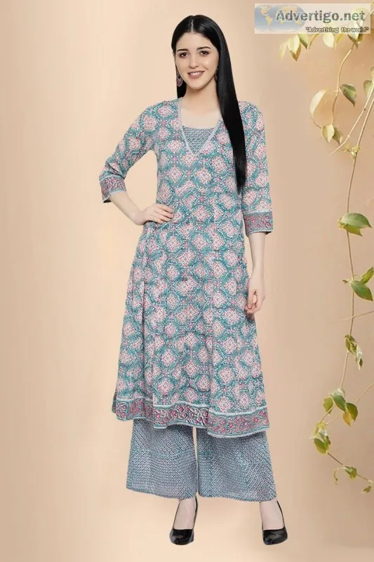 Block Print A-Line Cotton Kurta - Rose Shree