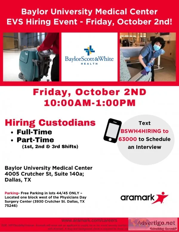 Custodial Services Hiring Event 102 - Baylor University Med Ctr