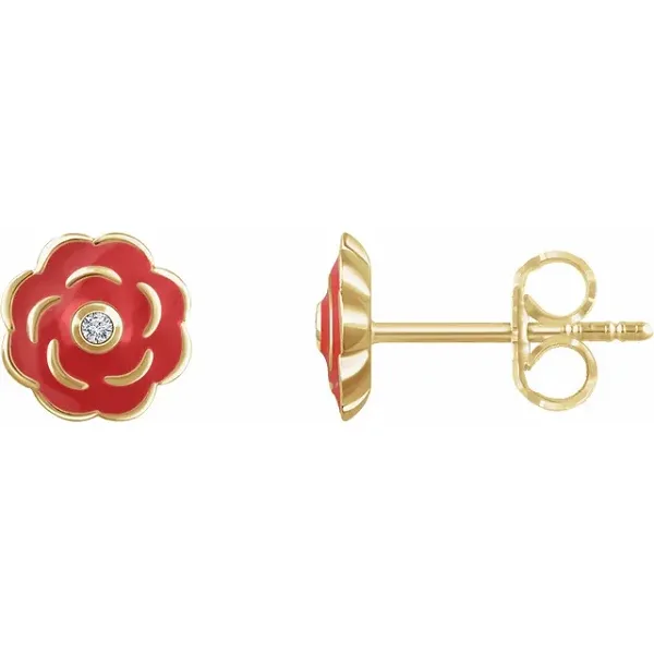 10K Yellow .01 CTW Diamond Enamel Flower Earrings