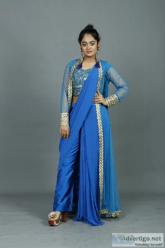 Shop Royal Blue Draped Saree with Stitched Blouse and Shrug Onli