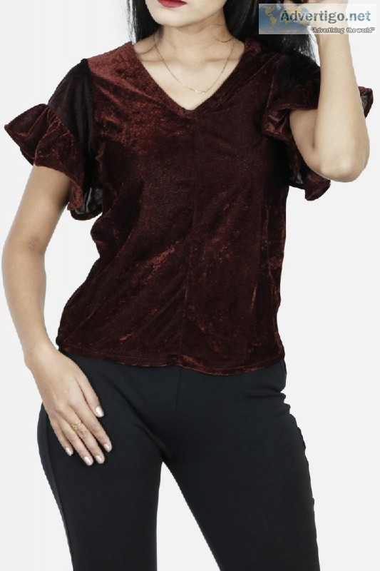 Buy V-Neck Sleeves Velvet Top Online