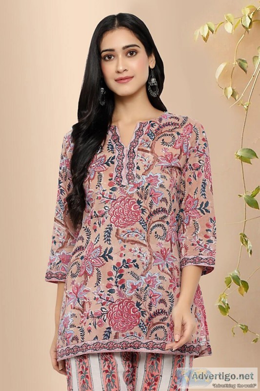 Bhagawan Cotton Block Print Short Kurti - Rose Shree
