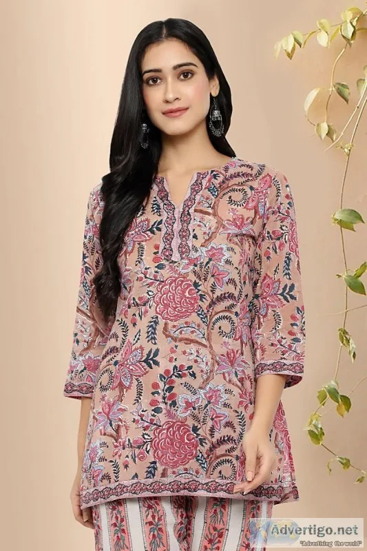 Bhagawan Cotton Block Print Short Kurti - Rose Shree