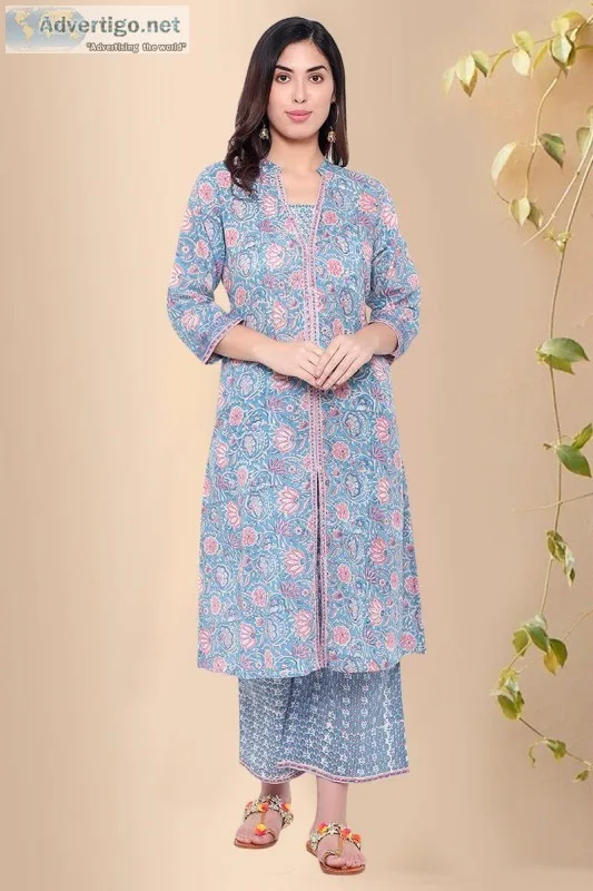 Block Print Blue Blossom Long Kurti - Rose Shree