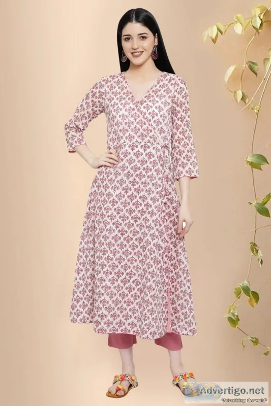 Stylish Bharathi Block Print Cotton Angrakha Kurta - Rose Shree