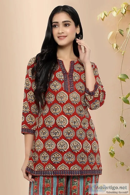 Beautiful Red Block print cotton short Kurti  - Rose Shree