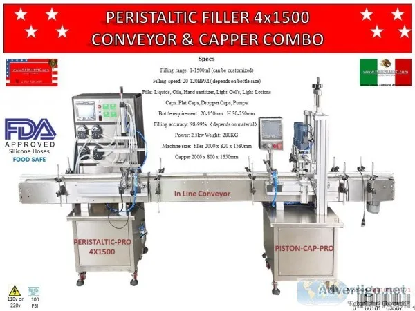 Peristaltic Filler 4x1500 Conveyor and Capper Combo