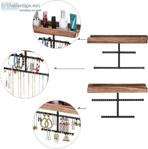Keebofly Hanging Wall Mounted Jewelry Organizer with Rustic Wood