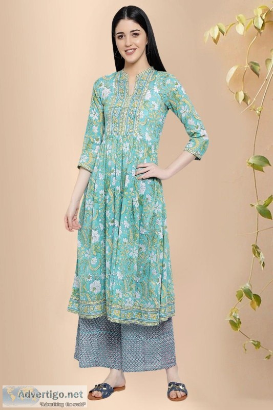 Shop Online Swapna Block print cotton Kurta - Rose Shree