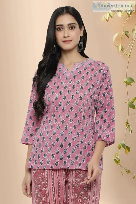 Block Print Pink cotton Short Kurti - Rose Shree