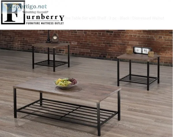 Coffee Table Set with Shelf - 3 pc - Black  Distressed Walnut