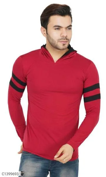 Cotton SolidColor block  Full Sleeves Hooded T-Shirt