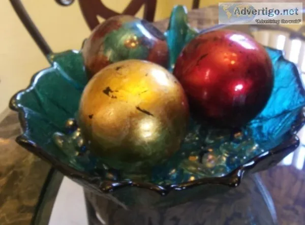 Emerald Green Glass Bowl w3 Multi Colored Spheres