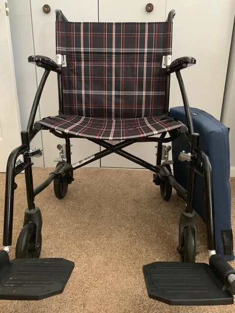 Black plaid lightweight transport wheelchair