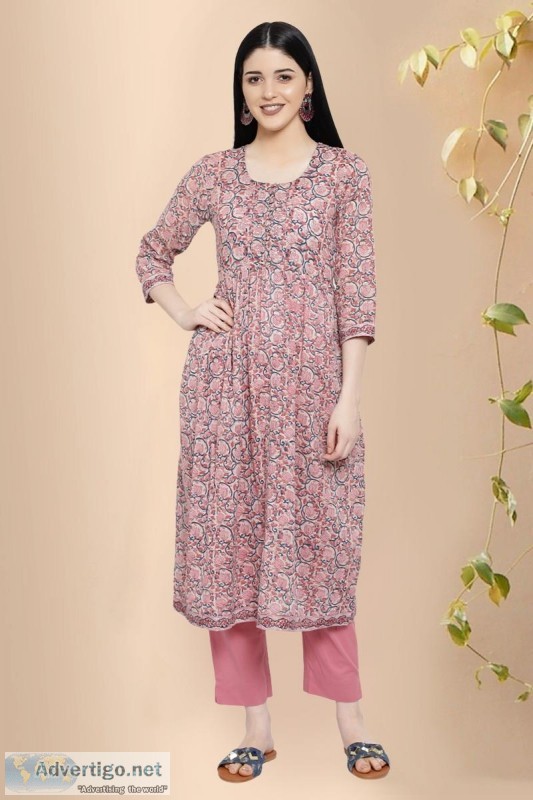 Ethnic Cotton Block Print Pink Kurta - Rose Shree