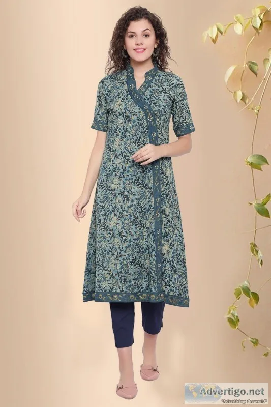 Block Print Angrakha Cotton Kurta for Women