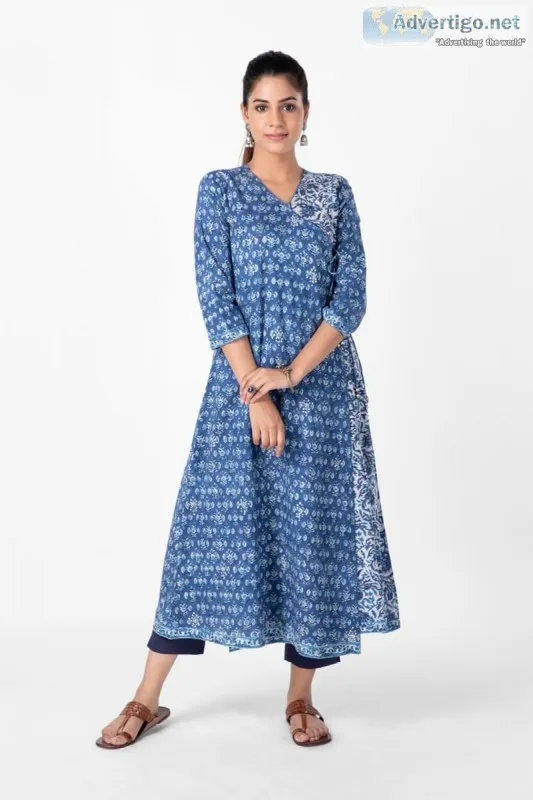 Block Print Angrakha cotton Kurta - Rose Shree