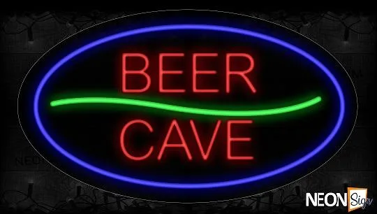 Beer Cave In Red With Green Line And Blue Oval Border Neon Sign
