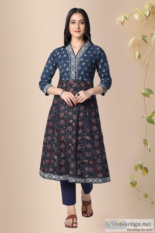 Blue Block Printed A-line Cotton Kurta - Rose Shree