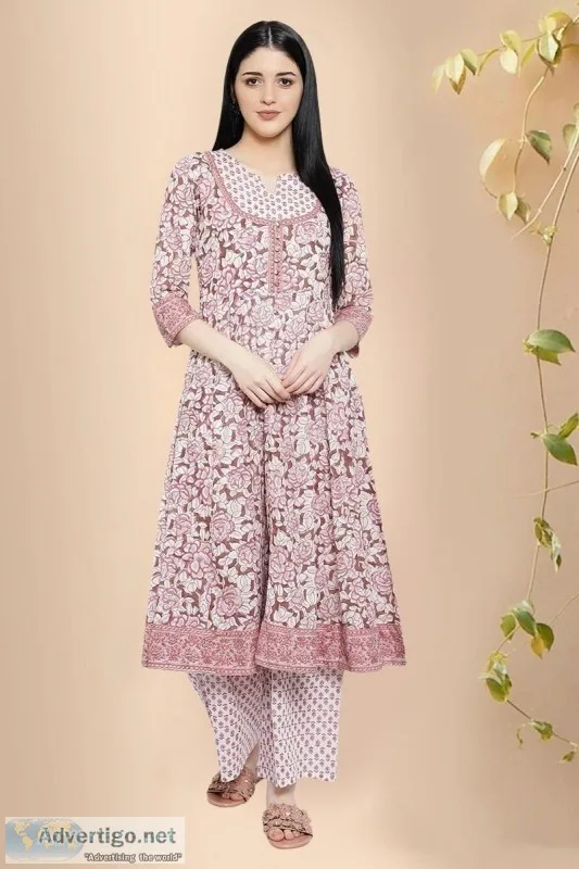 Block Print Kurta jacket Style A-line cotton Kurta - Rose Shree