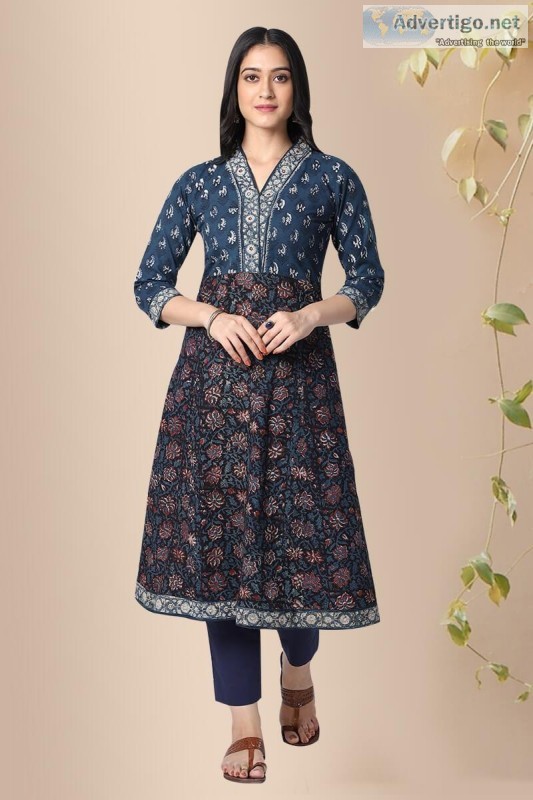 Nindey Block Print Cotton Anarkali With Tapered Pants - Rose Shr