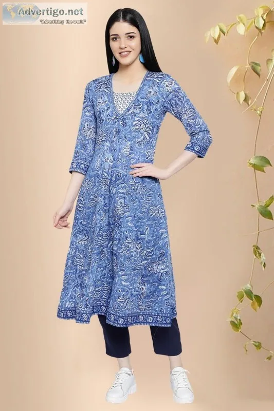 Blue Block Print Cotton Kurta - Rose Shree