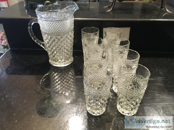 Antique diamond cut Pitcher and 8 Glasses